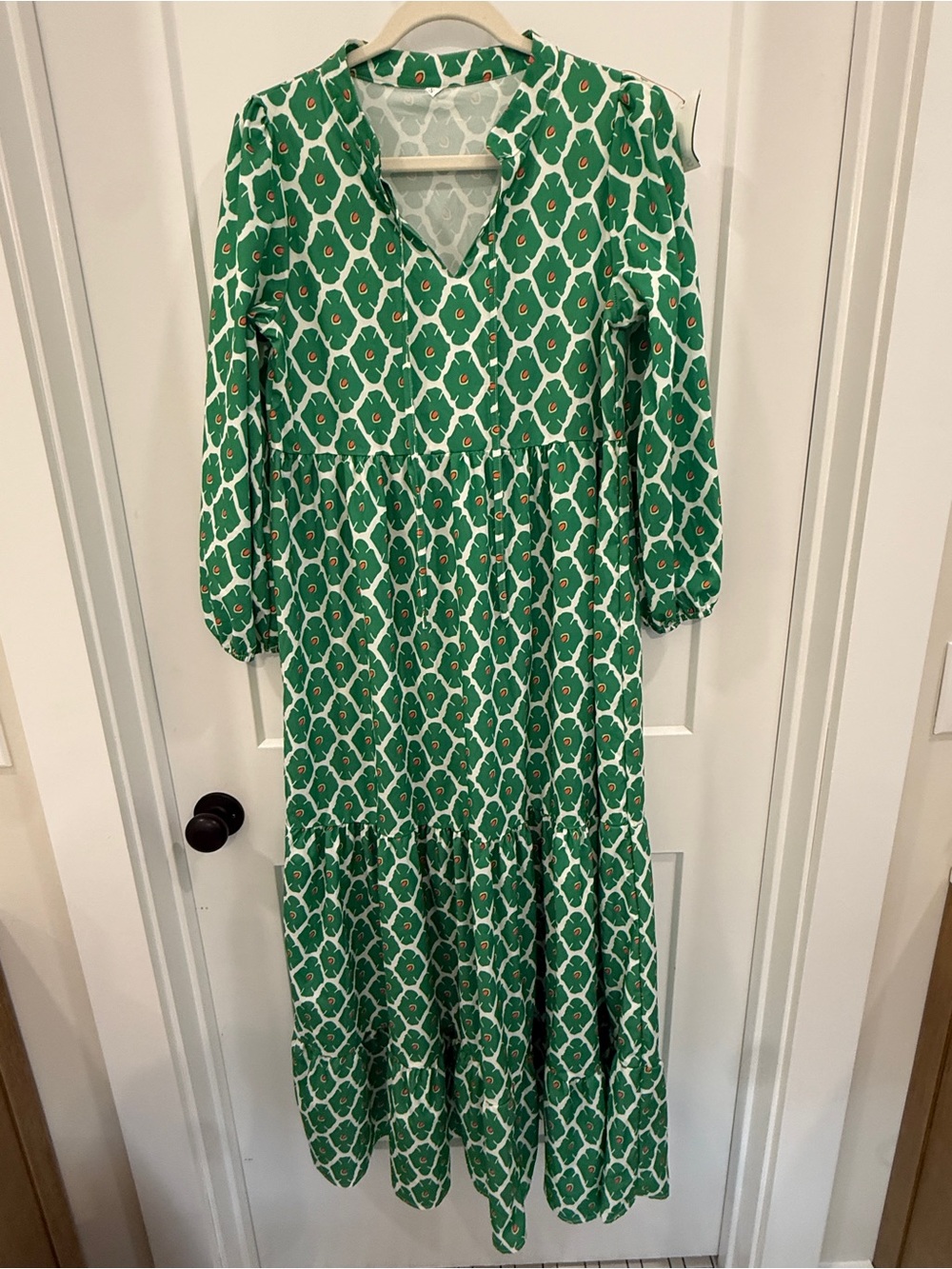 Green Patterned V-Neck Maxi Dress Size Small